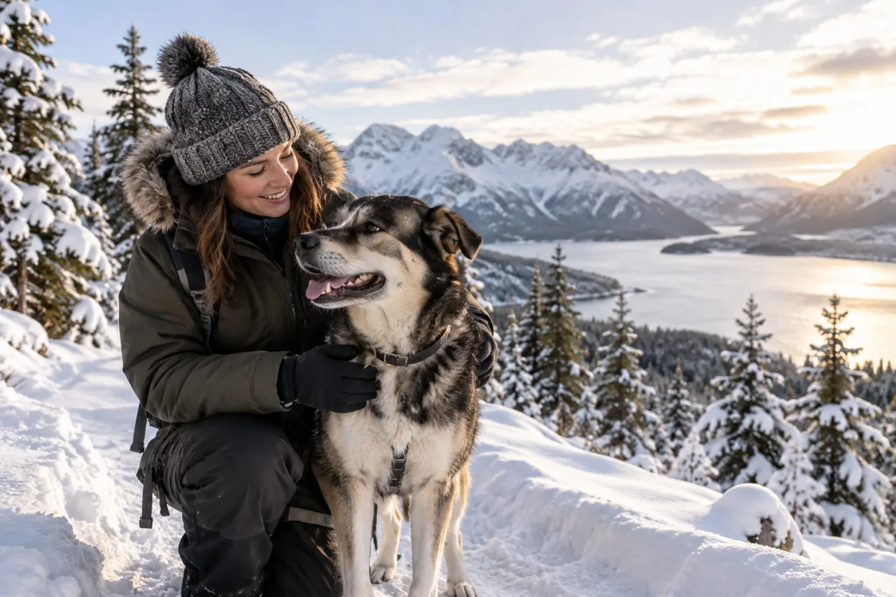 Owner beside a dog in a snowy mountain landscape